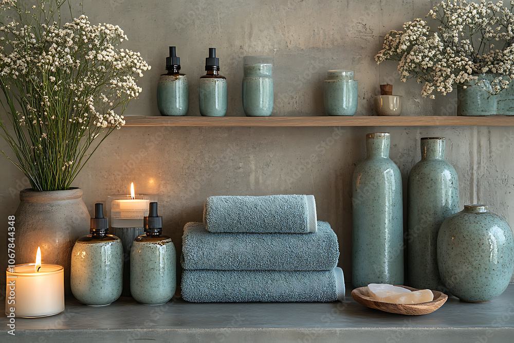 Elegant bathroom set with sea salt and essential oils, arranged with candles and towels, creating a soothing spa-like atmosphere with natural wellness products.
