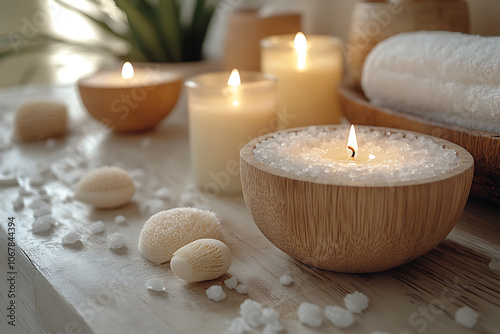 Elegant bathroom set with sea salt and essential oils, arranged with candles and towels, creating a soothing spa-like atmosphere with natural wellness products. 