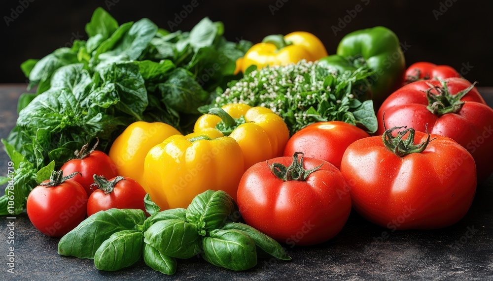 Fresh vegetables on a dark background. Perfect for cooking and recipe blogs, showcasing healthy eating. Fresh vegetables on a dark background. Perfect for cooking and recipe blogs, showcasing healthy eating.