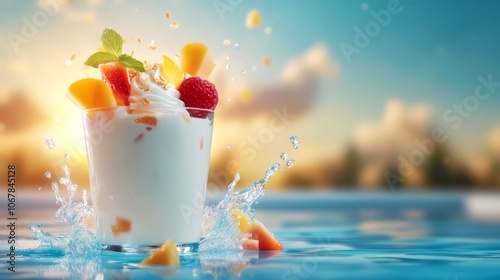 Glass of milk with fresh fruit and water, a refreshing healthy choice for hydration wellbeing photo