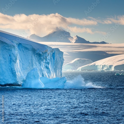 clomate change make huge icebergs collapsing down to the blue sea in antarctica photo