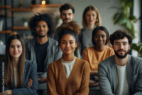 Diverse group of people from various backgrounds collaborating in a modern office, promoting gender equality and inclusion, fostering a positive and productive atmosphere. 