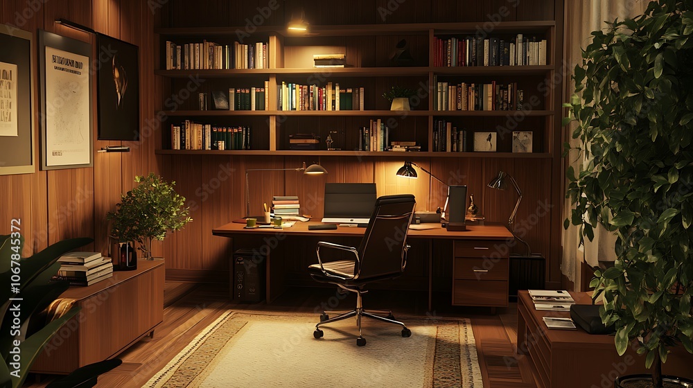 Obraz premium A Cozy Home Office with a Wooden Desk, Bookshelf, and a Comfortable Chair
