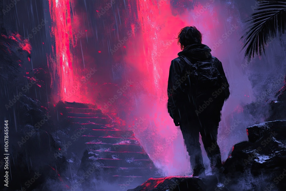 A mysterious figure stands before a glowing pink light. This surreal image is perfect for representing an unknown future, a mystical journey, or a portal to another dimension. A mysterious figure stands before a glowing pink light. This surreal image is perfect for representing an unknown future, a mystical journey, or a portal to another dimension.