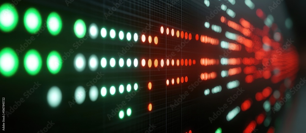Stock ticker board with LED-style numbers, red and green indicators, minimalist design Stock ticker board with LED-style numbers, red and green indicators, minimalist design
