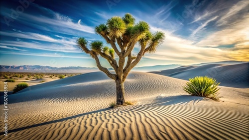 A sprawling Joshua tree grows out of the sandy soil amidst endless dunes, Joshua tree, unique plants