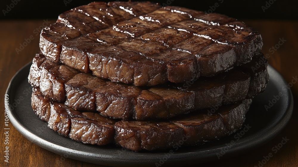 Four perfectly grilled, thick-cut, juicy, and flavorful steak patties on a black plate. Four perfectly grilled, thick-cut, juicy, and flavorful steak patties on a black plate.
