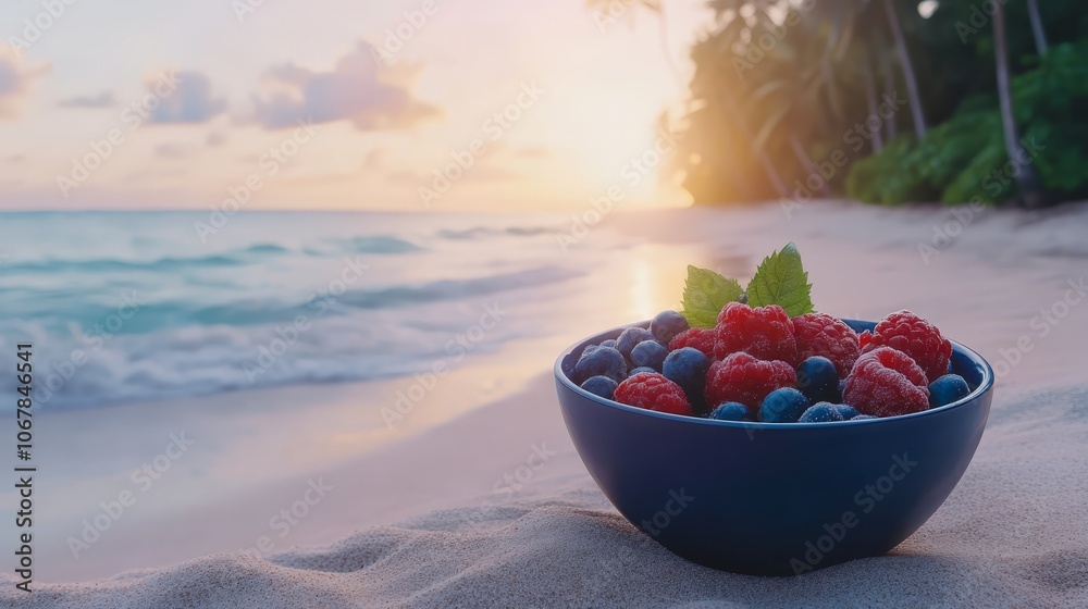 Refreshing summer escape, a bowl of juicy berries and lush grass on the sandy beach Refreshing summer escape, a bowl of juicy berries and lush grass on the sandy beach