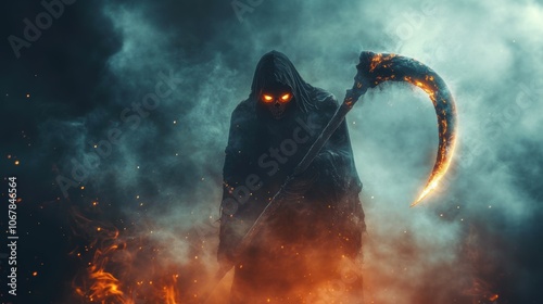 Grim reaper with scythe. Halloween theme poster.
