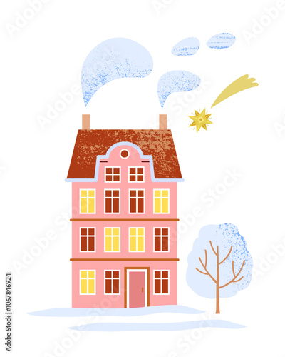 Three-story cute pink-colored house in old town with smoke from chimney, snow-covered tree in yard and Christmas star flying in sky. Vector illustration of family evening on Christmas Eve.