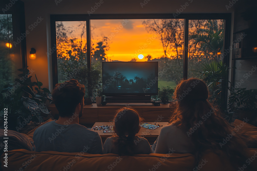 A family spending quality time together in a cozy living room, gathered around the TV or playing a board game, enjoying a warm and relaxing evening.
