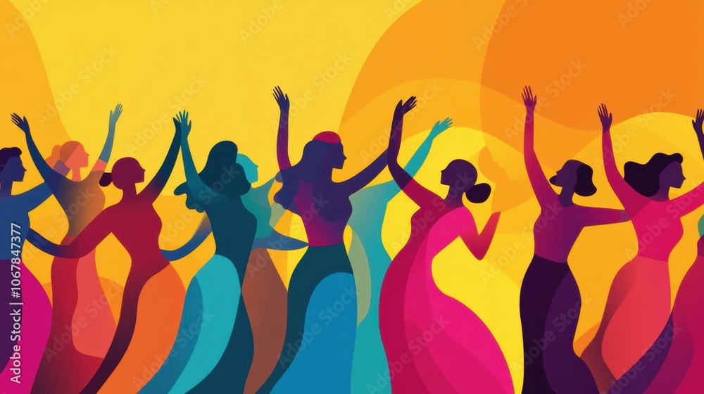 Fototapeta premium Colorful silhouettes of women dancing joyfully against a vibrant background, AI