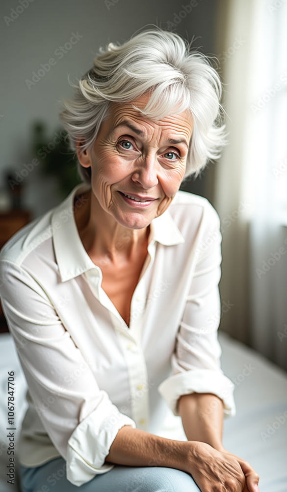 mature woman smiles directly at the camera mature woman smiles directly at the camera