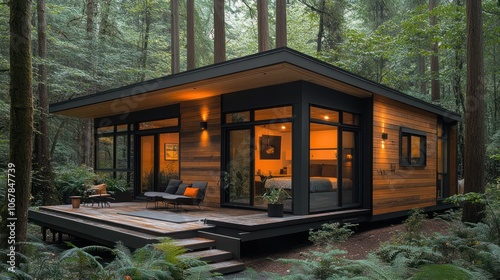 Modern cabin with large windows in a forest setting.