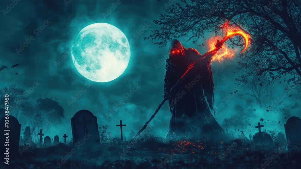 Obraz premium Grim reaper with scythe in graveyard. Halloween theme poster.