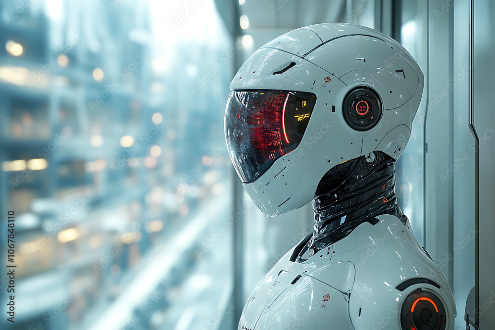 Futuristic scene featuring artificial intelligence, robot assistant, and smart devices in a modern high-tech environment, highlighting advanced AI technology and innovation.
Futuristic scene featuring artificial intelligence, robot assistant, and smart devices in a modern high-tech environment, highlighting advanced AI technology and innovation.
