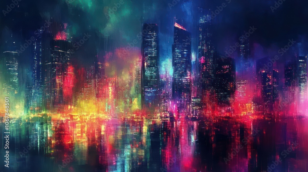 A vibrant cityscape at night with colorful lights reflecting in the water. A vibrant cityscape at night with colorful lights reflecting in the water.