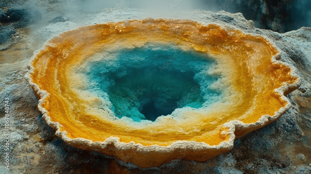 Close-up of a steaming geothermal hot spring with vibrant blue and yellow colors. Close-up of a steaming geothermal hot spring with vibrant blue and yellow colors.