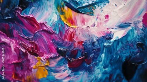 Close-up abstract oil painting with vibrant colors and textured brushstrokes.