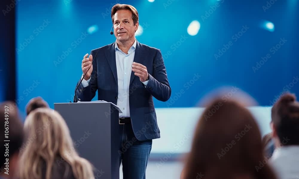 A businessman gives a presentation at a conference.