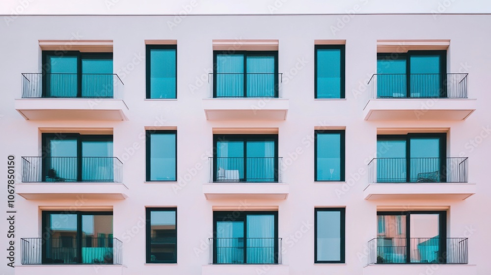 Front View of Modern Apartment Complex with Balconies Front View of Modern Apartment Complex with Balconies