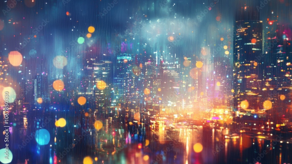 Fototapeta premium A blurry cityscape at night with colorful lights and bokeh effect.