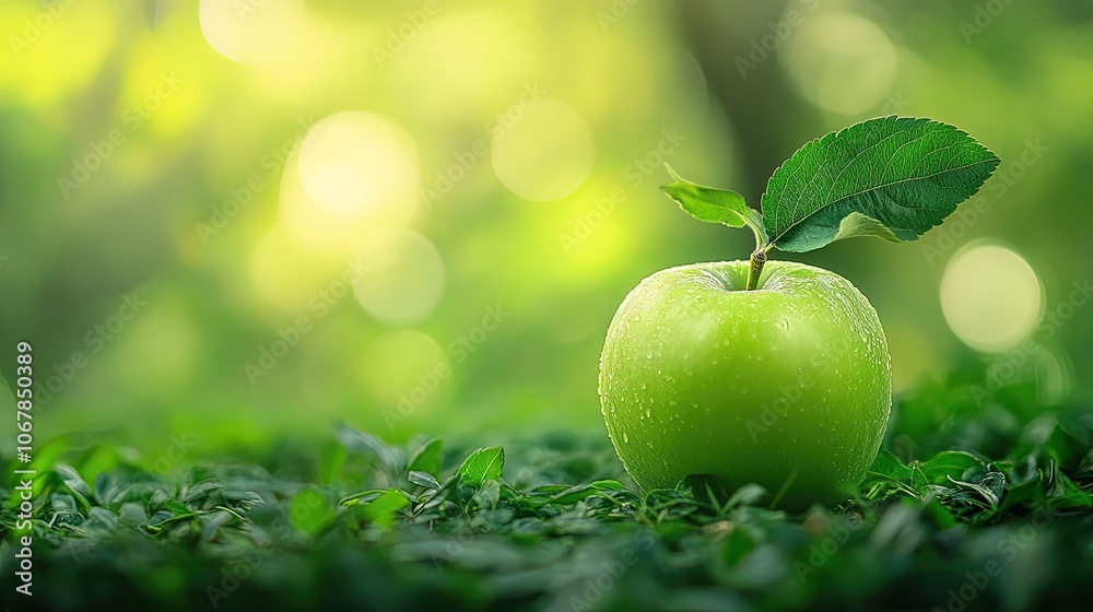 A fresh green apple resting on lush greenery in a serene setting. A fresh green apple resting on lush greenery in a serene setting.