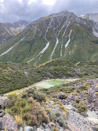 Top view of Blue Lakes and valleys from Tasman glaciers viewpoint. Landscape in the mountains photo