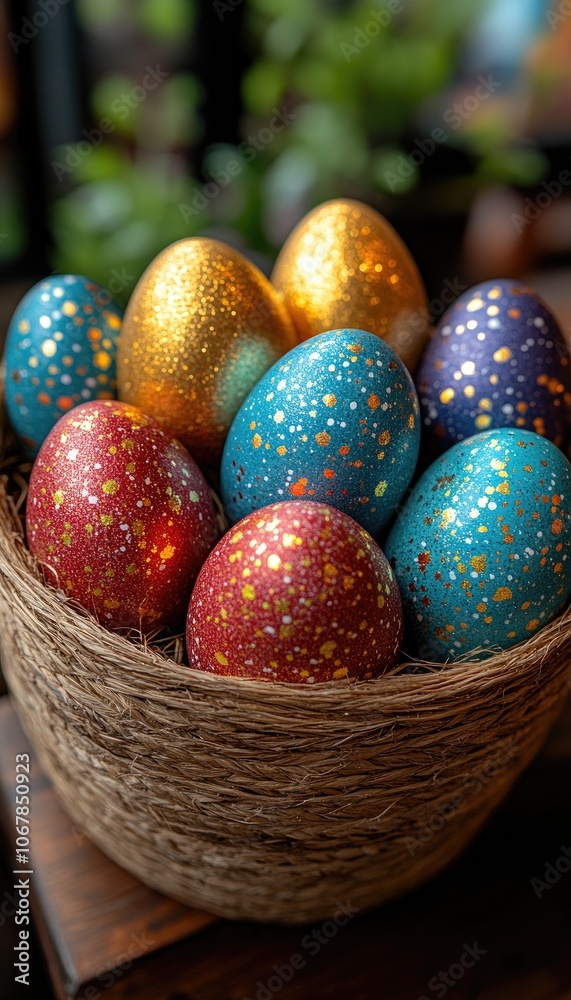 Colorful Easter eggs in nest. A close-up photo of decorated Easter eggs in a woven nest, perfect for springtime celebrations. Colorful Easter eggs in nest. A close-up photo of decorated Easter eggs in a woven nest, perfect for springtime celebrations.