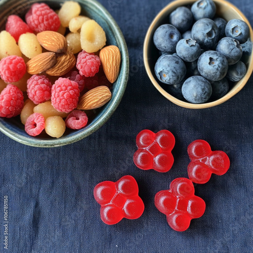 A small batch of red-pink berry-shaped gummies. A bowl with fruits and nuts resting on top of a navy tablecloth.