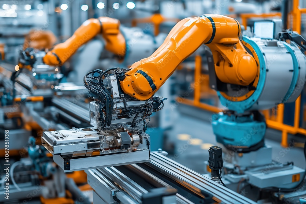 Automated robotic arms in a futuristic production hall at work Automated robotic arms in a futuristic production hall at work