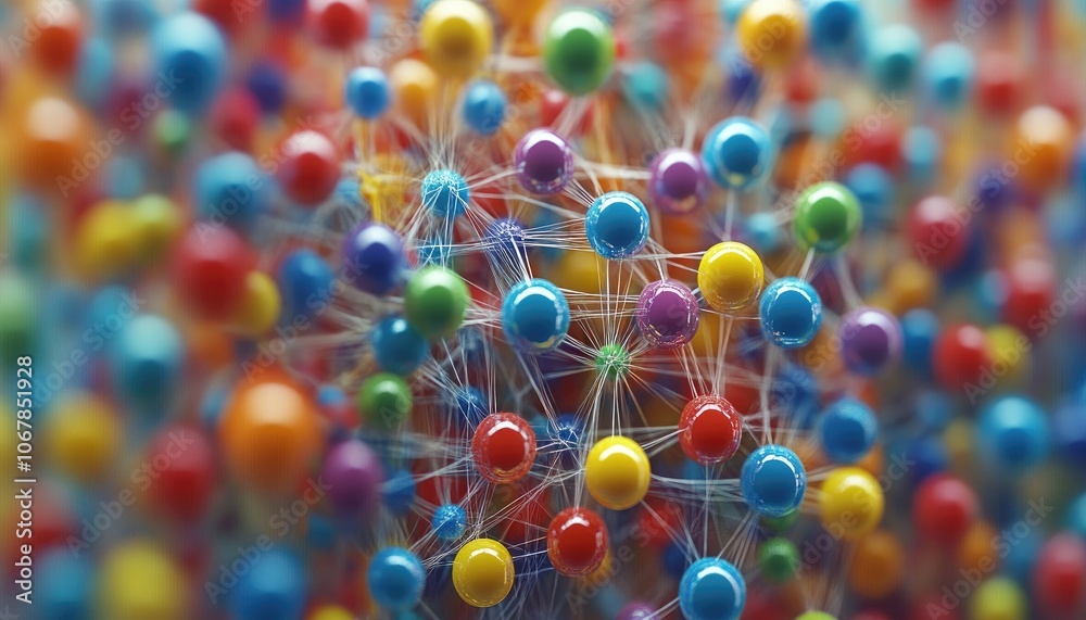 Colorful balls connected by threads. This image represents a network, communication, and connectivity. Colorful balls connected by threads. This image represents a network, communication, and connectivity.