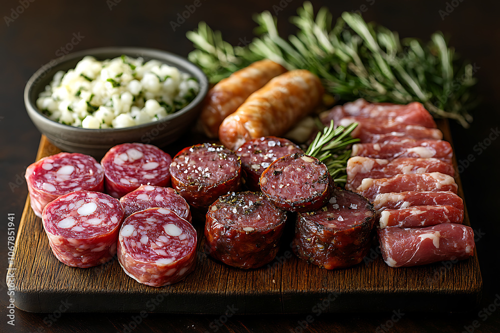Homemade meat products including sausages and meat rolls, arranged on a rustic wooden board in a cozy kitchen setting, showcasing rich flavors and traditional preparation.
Homemade meat products including sausages and meat rolls, arranged on a rustic wooden board in a cozy kitchen setting, showcasing rich flavors and traditional preparation.