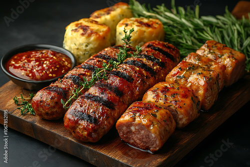 Homemade meat products including sausages and meat rolls, arranged on a rustic wooden board in a cozy kitchen setting, showcasing rich flavors and traditional preparation. 