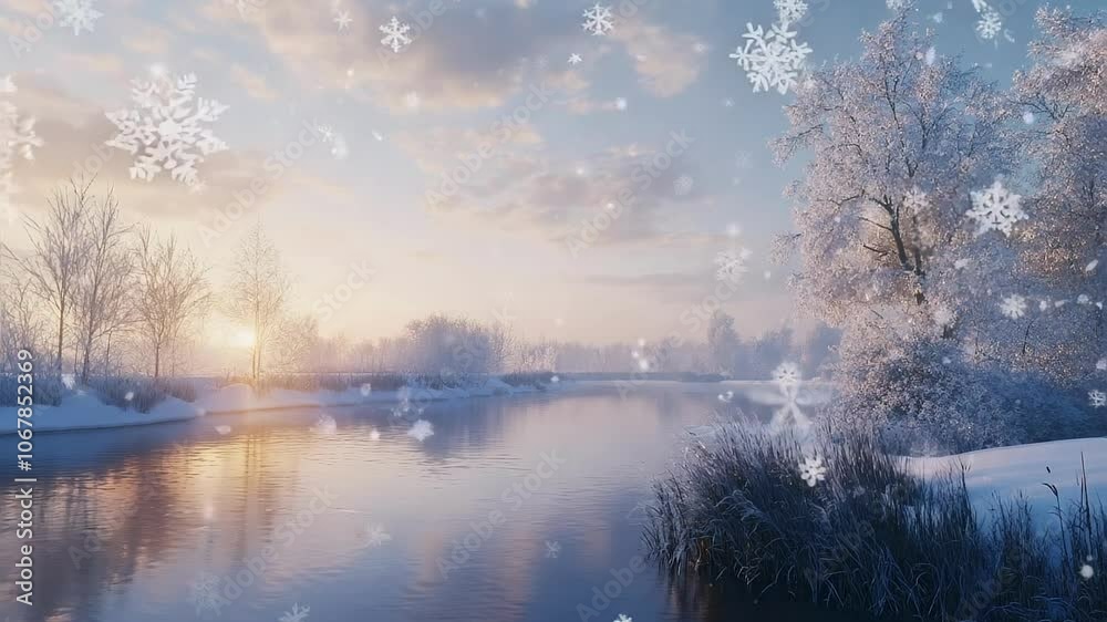 Winter River Scene with Snowflakes Seamless Loop Background Winter River Scene with Snowflakes Seamless Loop Background