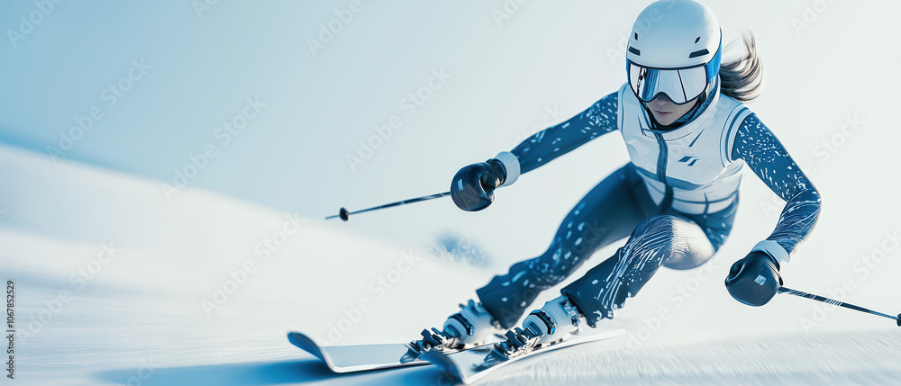 Skier racing down a snowy slope with dynamic light and snow spray.