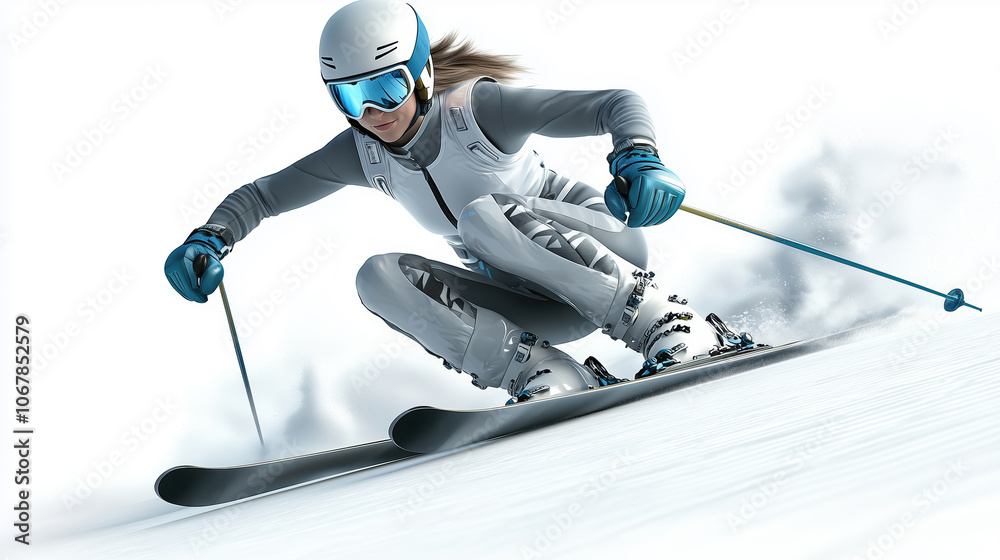 Professional skier racing downhill in a snowy mountain scene.