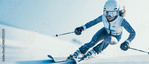 Obraz na płótnie Skier racing down a snowy slope with dynamic light and snow spray. w salonie