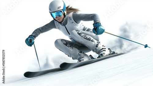 Obraz na płótnie Professional skier racing downhill in a snowy mountain scene. w salonie