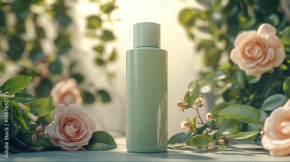 A green bottle of lotion with a white cap is in the center of the frame, surrounded by rose bushes with pink roses. The background is out of focus and has a soft, dreamy feel. A green bottle of lotion with a white cap is in the center of the frame, surrounded by rose bushes with pink roses. The background is out of focus and has a soft, dreamy feel.