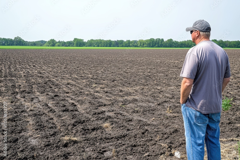 Disappointed Farmer Observing Empty Crop Field Disappointed Farmer Observing Empty Crop Field