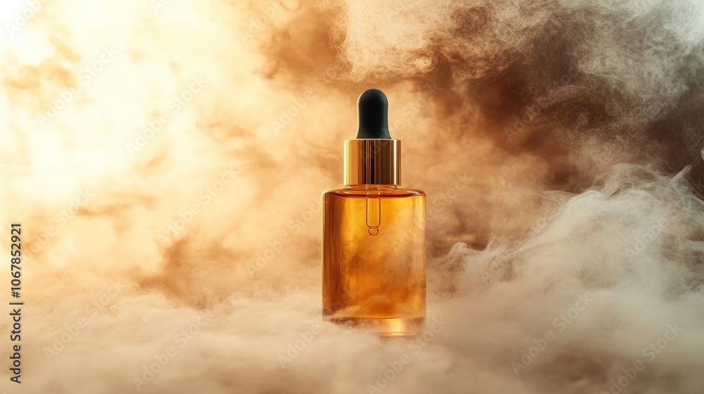 Glass dropper bottle with golden lid and amber liquid on a smokey background. Glass dropper bottle with golden lid and amber liquid on a smokey background.