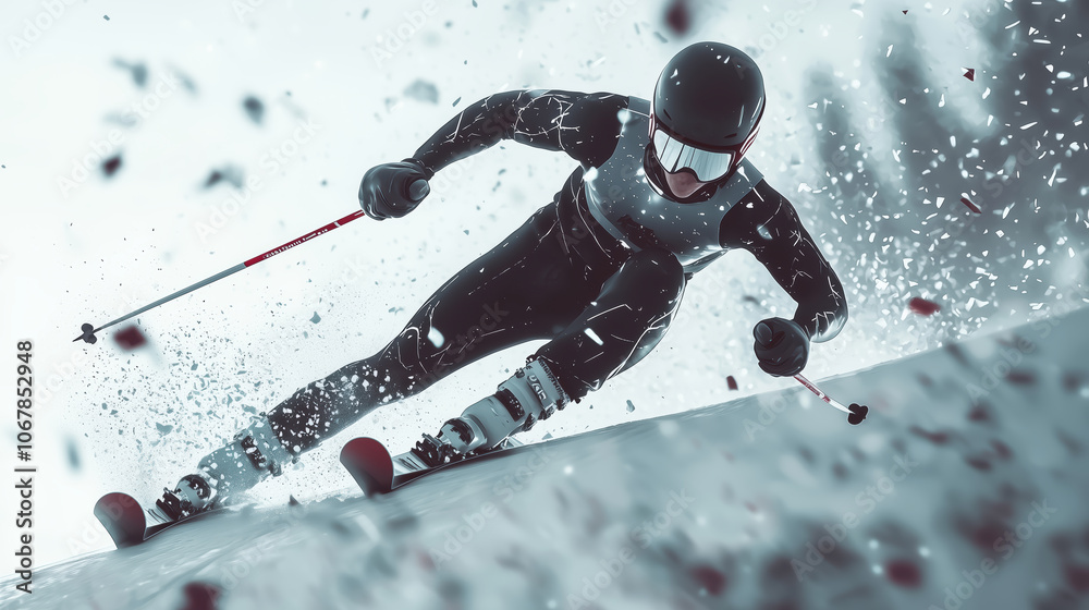 Skier racing down a snowy slope with dynamic light and snow spray.