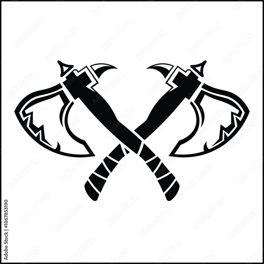 vector design illustration of the silhouette of two crossed axes in black and white. suitable for logos, icons, posters, advertisements, banners, companies, t-shirt designs, stickers, websites. vector design illustration of the silhouette of two crossed axes in black and white. suitable for logos, icons, posters, advertisements, banners, companies, t-shirt designs, stickers, websites.