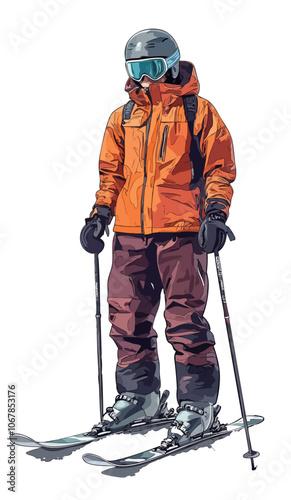 Illustration of a skier in orange and brown gear standing on skis with poles.
