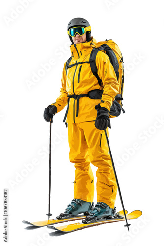Illustration of a skier in bright yellow gear with a backpack, standing with poles on skis.