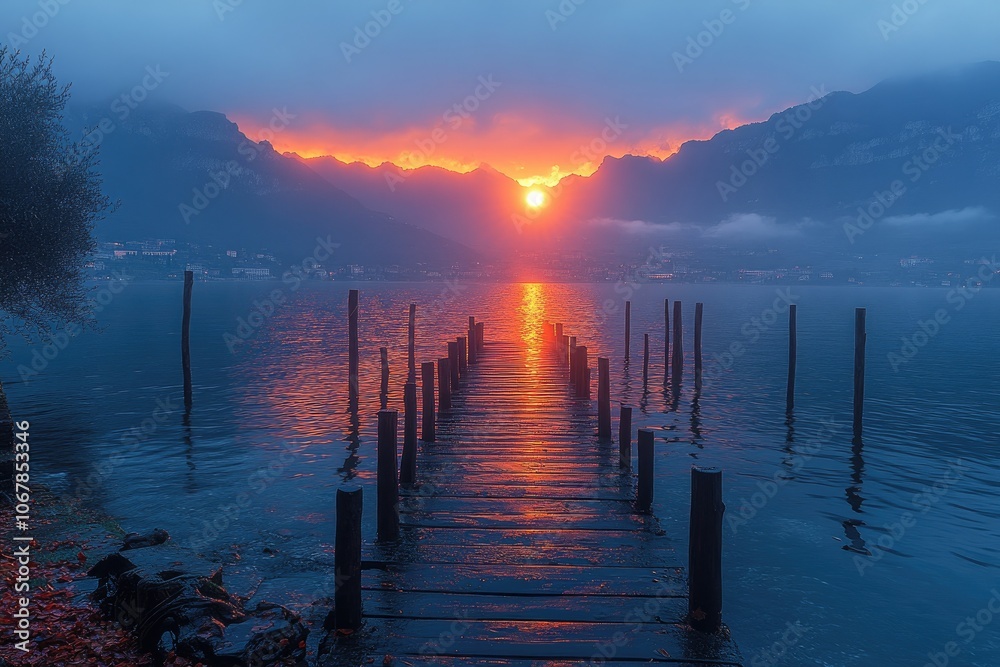 Fototapeta premium A wooden dock extends into a lake at sunset. This image is perfect for illustrating concepts like hope, dreams, or a journey towards a new beginning.