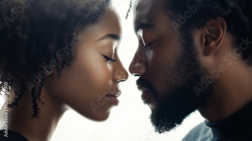 A beautiful afro-american couple shares a tender kiss, expressing their romantic love in a close embrace against a white background