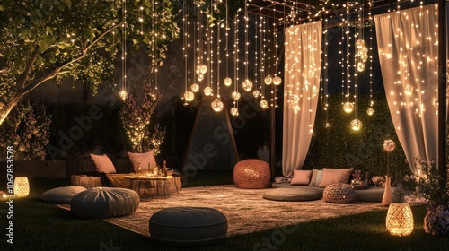 A cozy backyard gathering space with string lights, pillows, and lanterns.