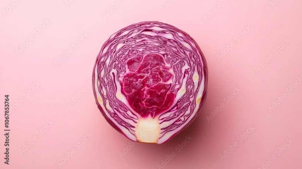 A half red cabbage on a pink background. A half red cabbage on a pink background.